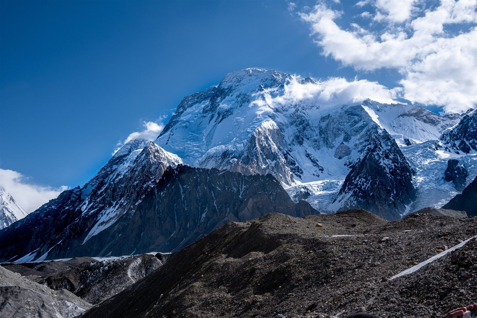 The summit ridge of Broad Peak above the Baltoro glacier