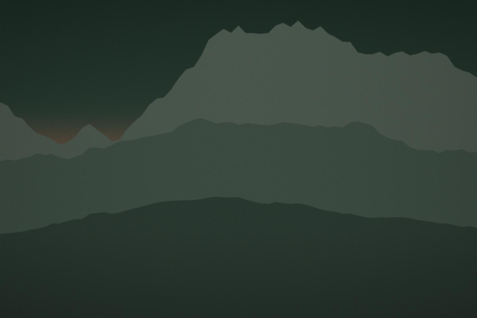 A tent pitched on a high shoulder with peaks behind