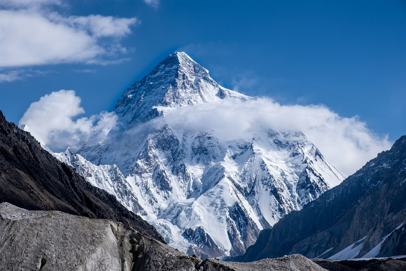 K2 rising clear of cloud above the Baltoro glacier